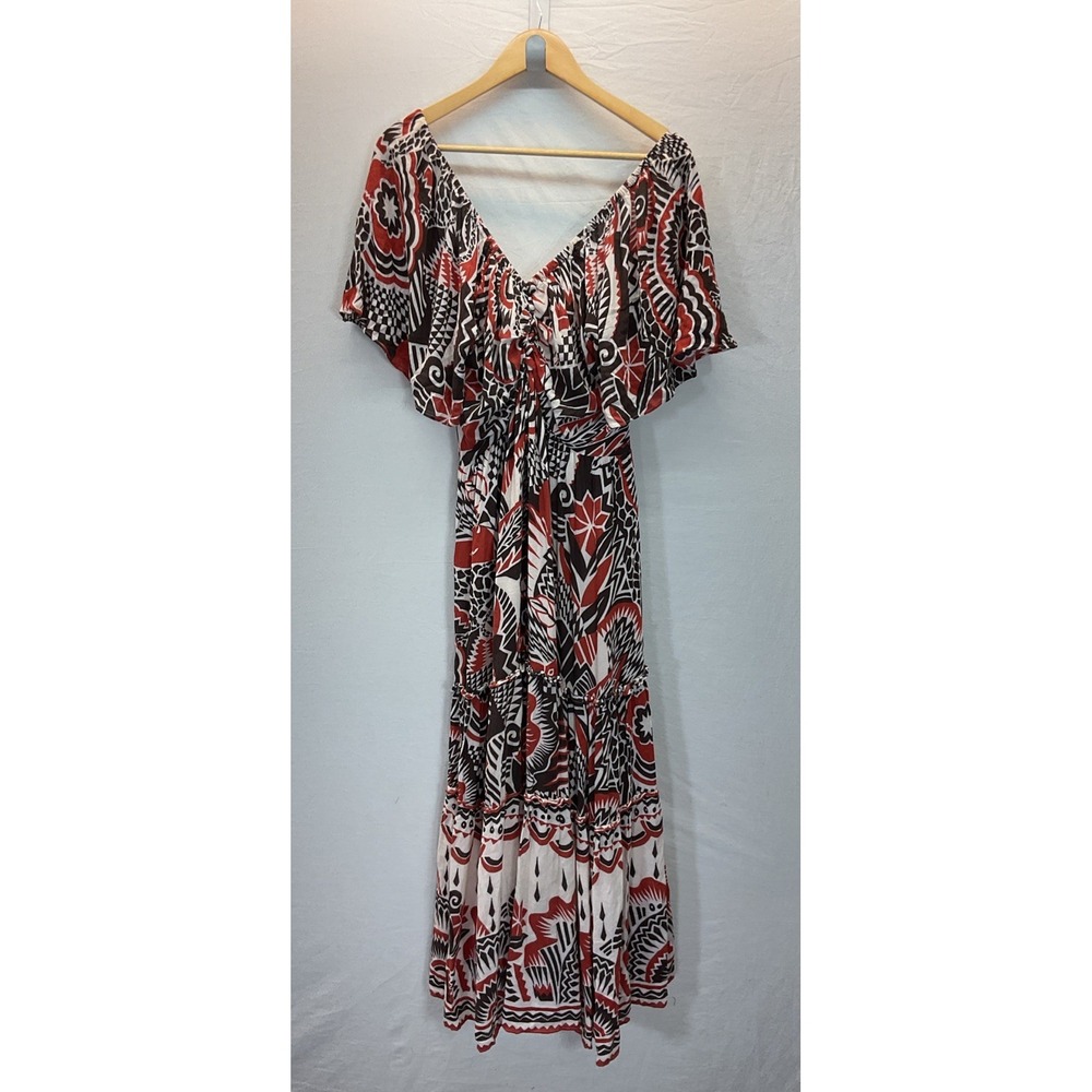 Anthropologie Tiered Maxi Dress Red‎ Black Multicolor Open Back Flowy size LG - Picture 5 of 15